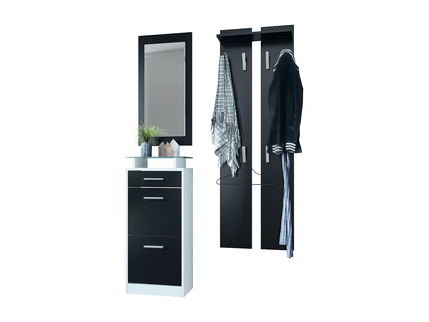 Ensemble de meubles d'entrée Loret V2 Mini, Corps en Blanc mat / Façades en Noir mat