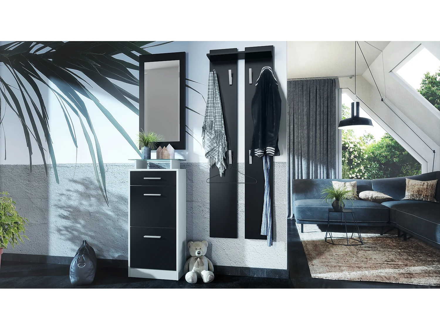 Ensemble de meubles d'entrée Loret V2 Mini, Corps en Blanc mat / Façades en Noir mat