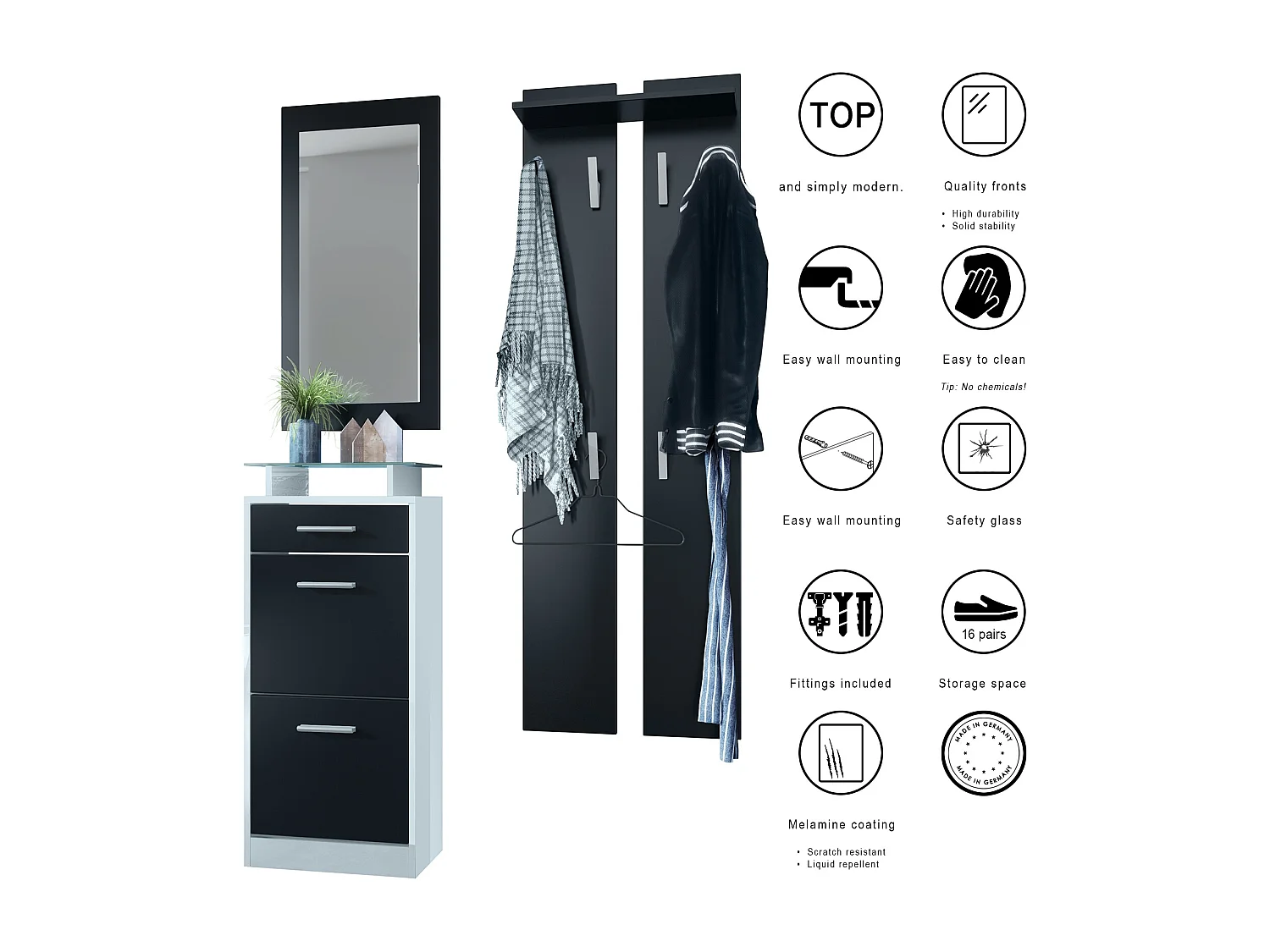 Ensemble de meubles d'entrée Loret V2 Mini, Corps en Blanc mat / Façades en Noir mat