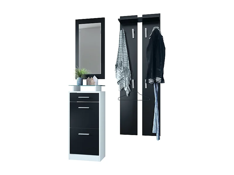 Ensemble de meubles d'entrée Loret V2 Mini, Corps en Blanc mat / Façades en Noir mat