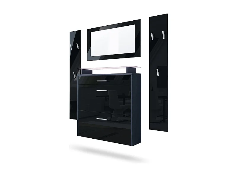 Penderie Malea, Meuble d’entrée comprenant 1 commode à chaussures, 1 miroir et 2 panneaux porte-manteaux, Anthracite mat/Noir brillant, LED blanc inclus