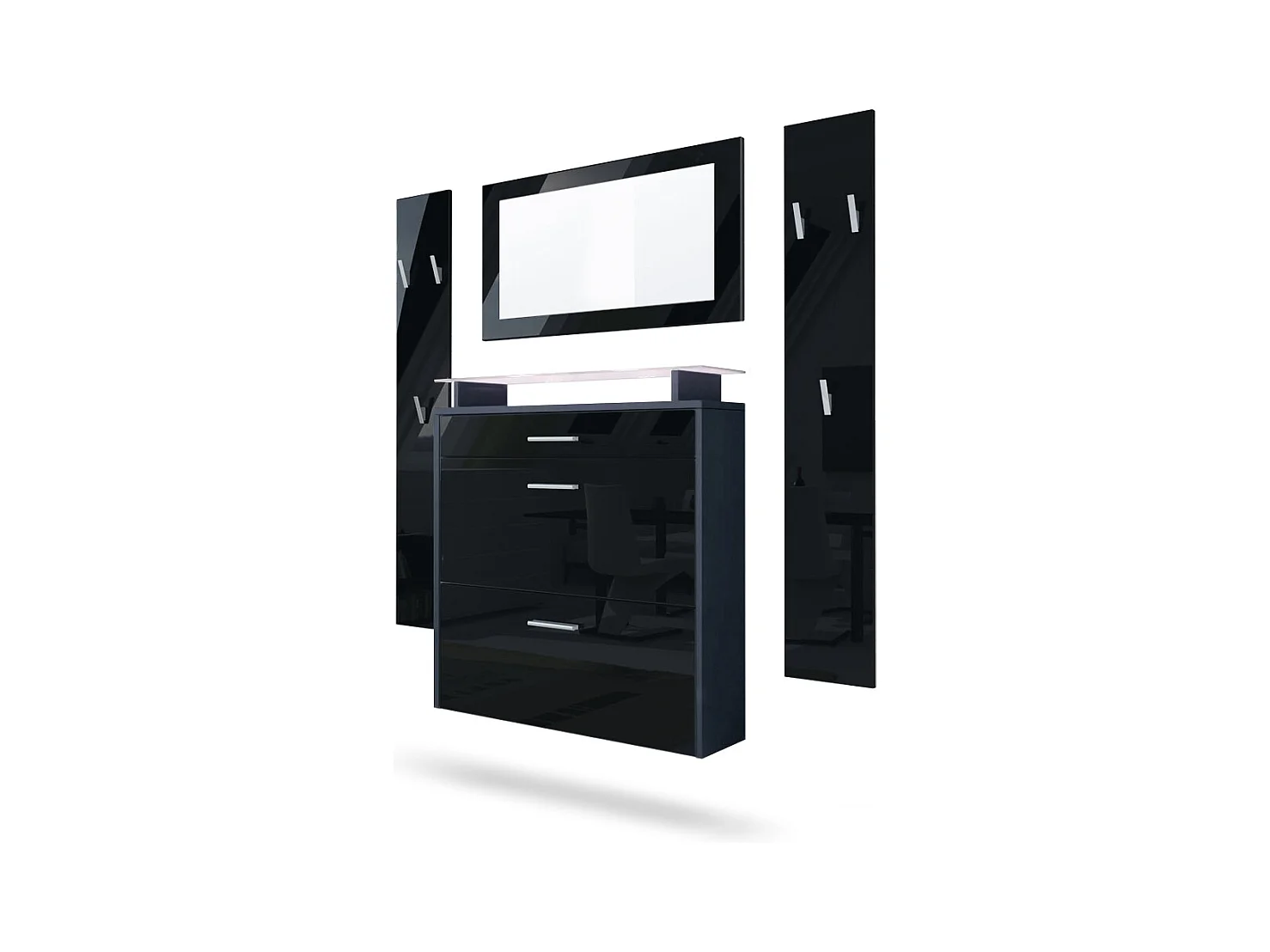 Penderie Malea, Meuble d’entrée comprenant 1 commode à chaussures, 1 miroir et 2 panneaux porte-manteaux, Anthracite mat/Noir brillant, LED blanc inclus