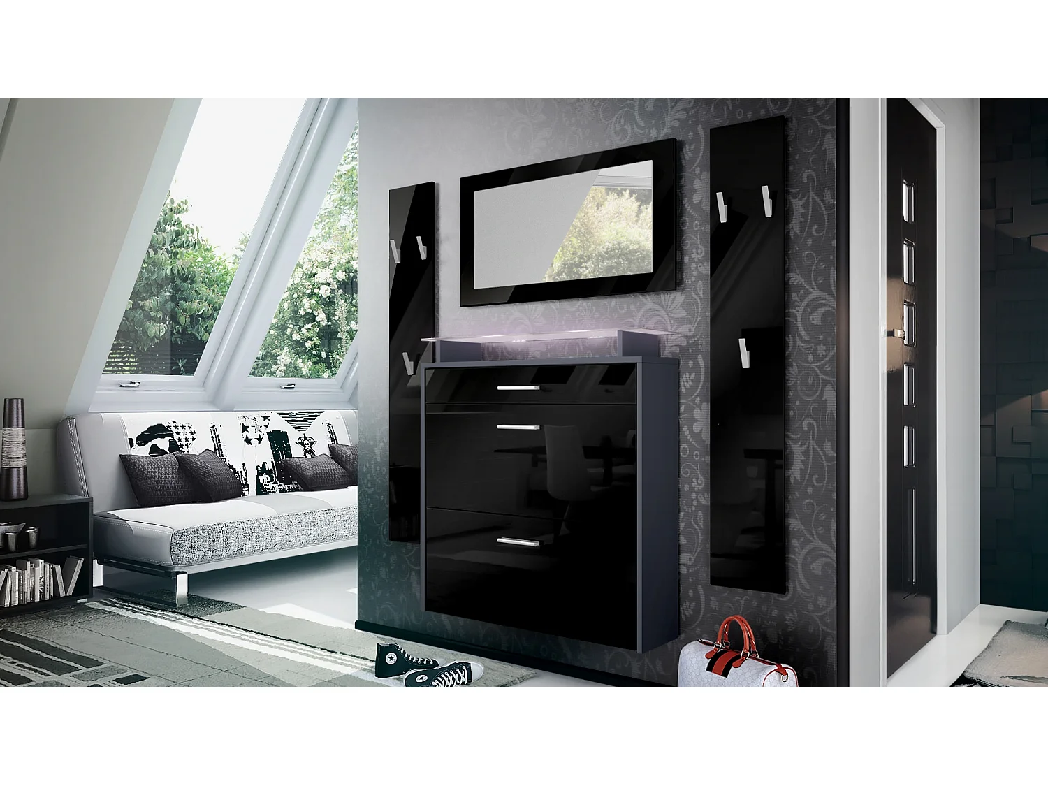 Penderie Malea, Meuble d’entrée comprenant 1 commode à chaussures, 1 miroir et 2 panneaux porte-manteaux, Anthracite mat/Noir brillant, LED blanc inclus