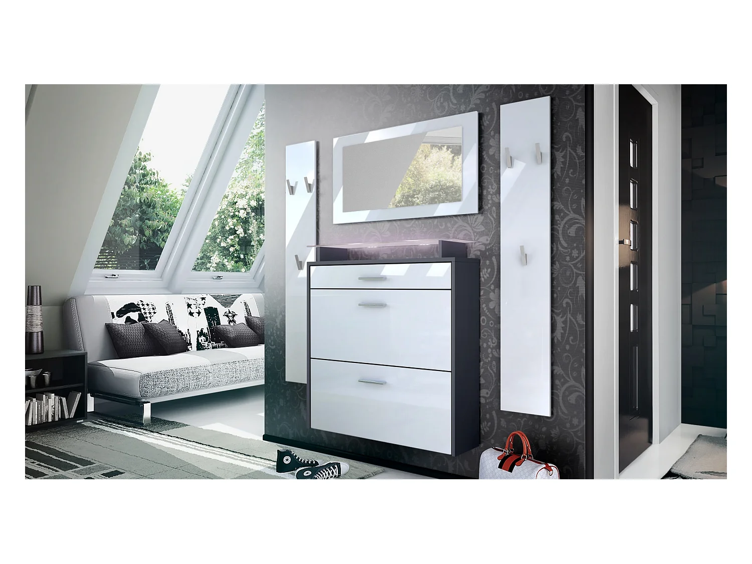 Penderie Malea, Meuble d’entrée comprenant 1 commode à chaussures, 1 miroir et 2 panneaux porte-manteaux, Anthracite mat/Blanc brillant, LED blanc inclus