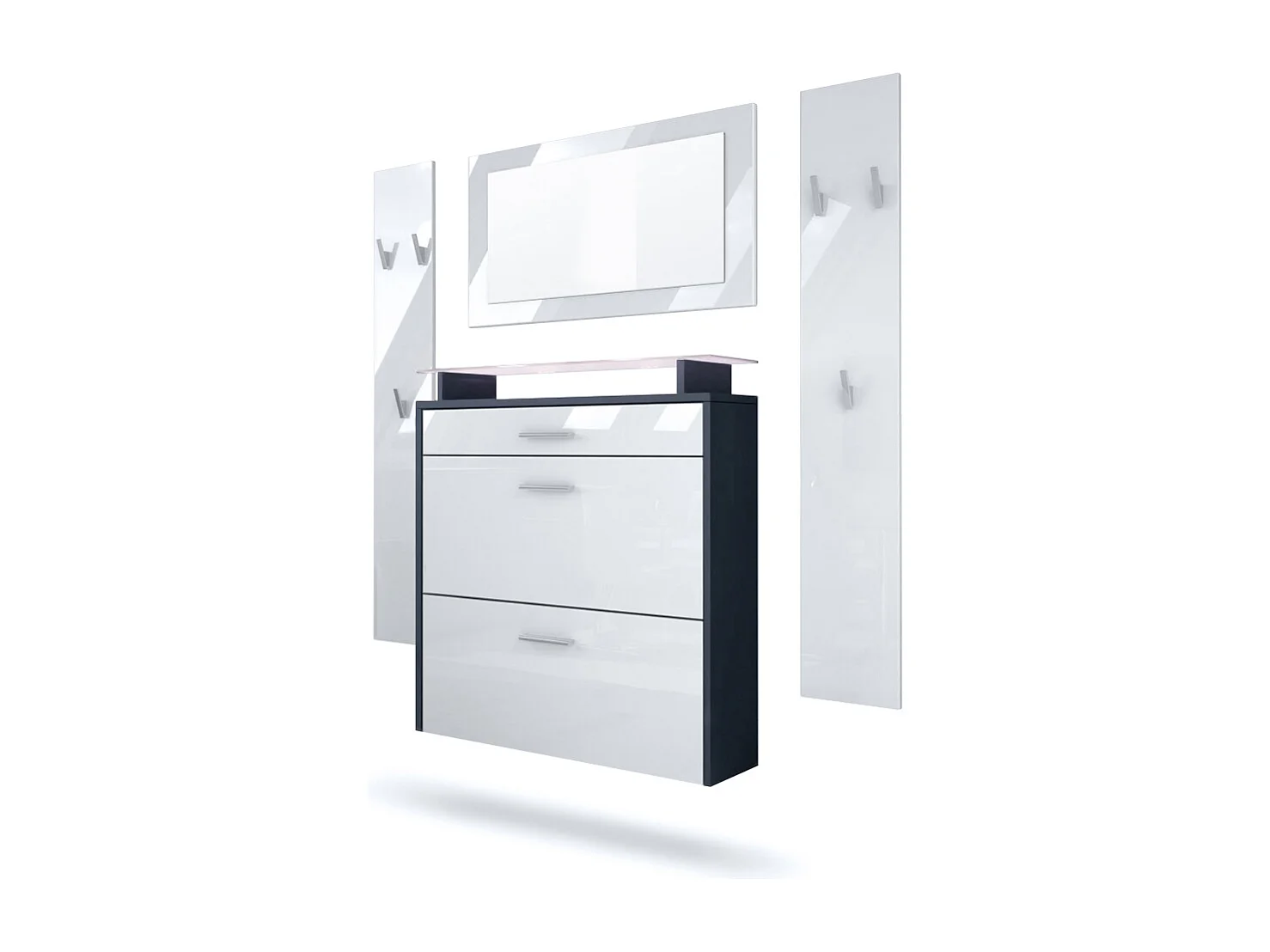 Penderie Malea, Meuble d’entrée comprenant 1 commode à chaussures, 1 miroir et 2 panneaux porte-manteaux, Anthracite mat/Blanc brillant, LED blanc inclus