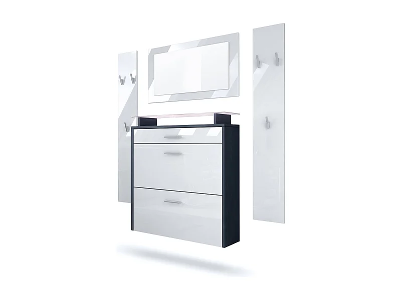 Penderie Malea, Meuble d’entrée comprenant 1 commode à chaussures, 1 miroir et 2 panneaux porte-manteaux, Anthracite mat/Blanc brillant, LED blanc inclus