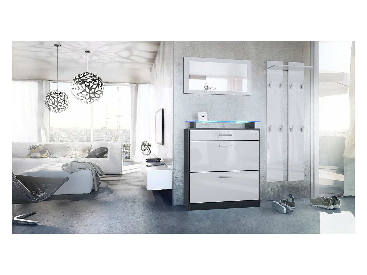 Loret Ensemble penderie, meuble à chaussures 89 x 104 x 23 cm avec miroir, 2 panneaux murales et éclairage LED Bleu, Anthracite mat & Blanc haute brillance