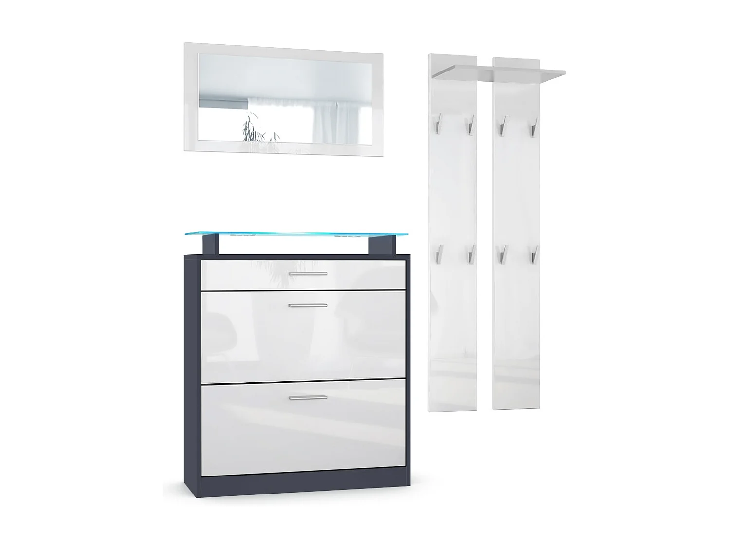 Loret Ensemble penderie, meuble à chaussures 89 x 104 x 23 cm avec miroir, 2 panneaux murales et éclairage LED Bleu, Anthracite mat & Blanc haute brillance