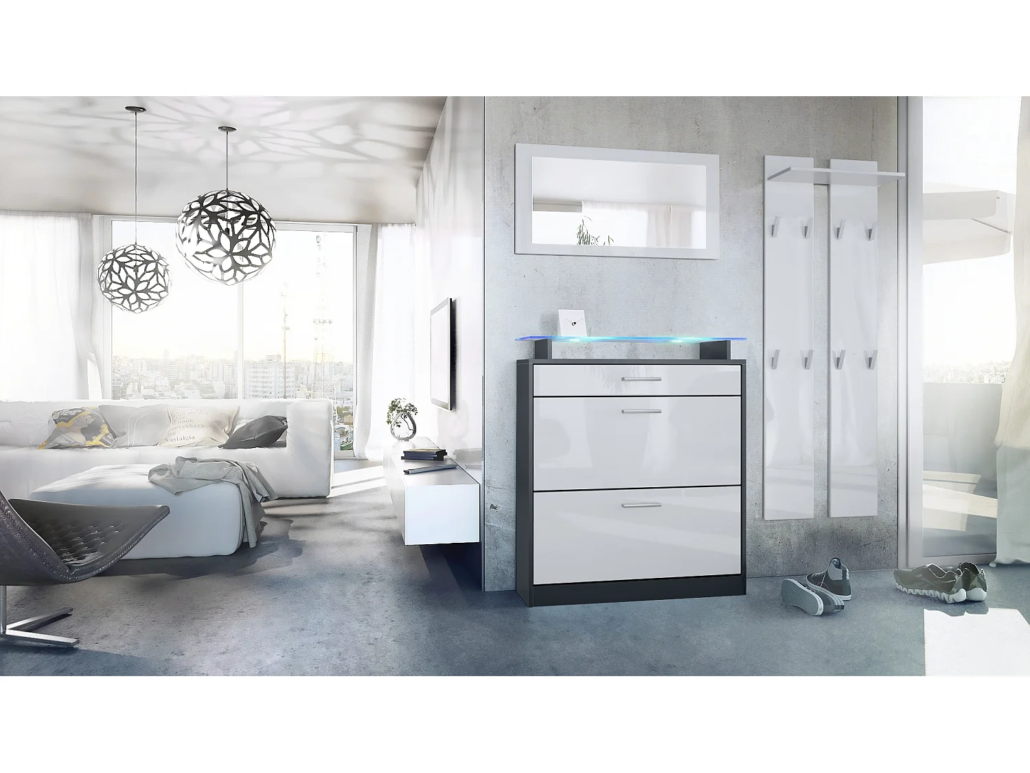 Loret Ensemble penderie, meuble à chaussures 89 x 104 x 23 cm avec miroir, 2 panneaux murales et éclairage LED Bleu, Anthracite mat & Blanc haute brillance