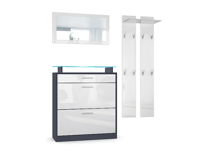 Loret Ensemble penderie, meuble à chaussures 89 x 104 x 23 cm avec miroir, 2 panneaux murales et éclairage LED Bleu, Anthracite mat & Blanc haute brillance