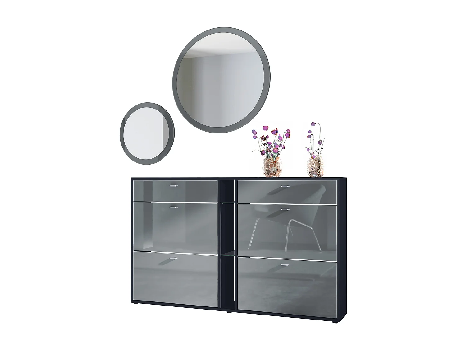 Conjunto de guardarropa Florence con zapatero y 2 espejos de pared, Hecho en ALEMANIA, negro mate/gris de alto brillo