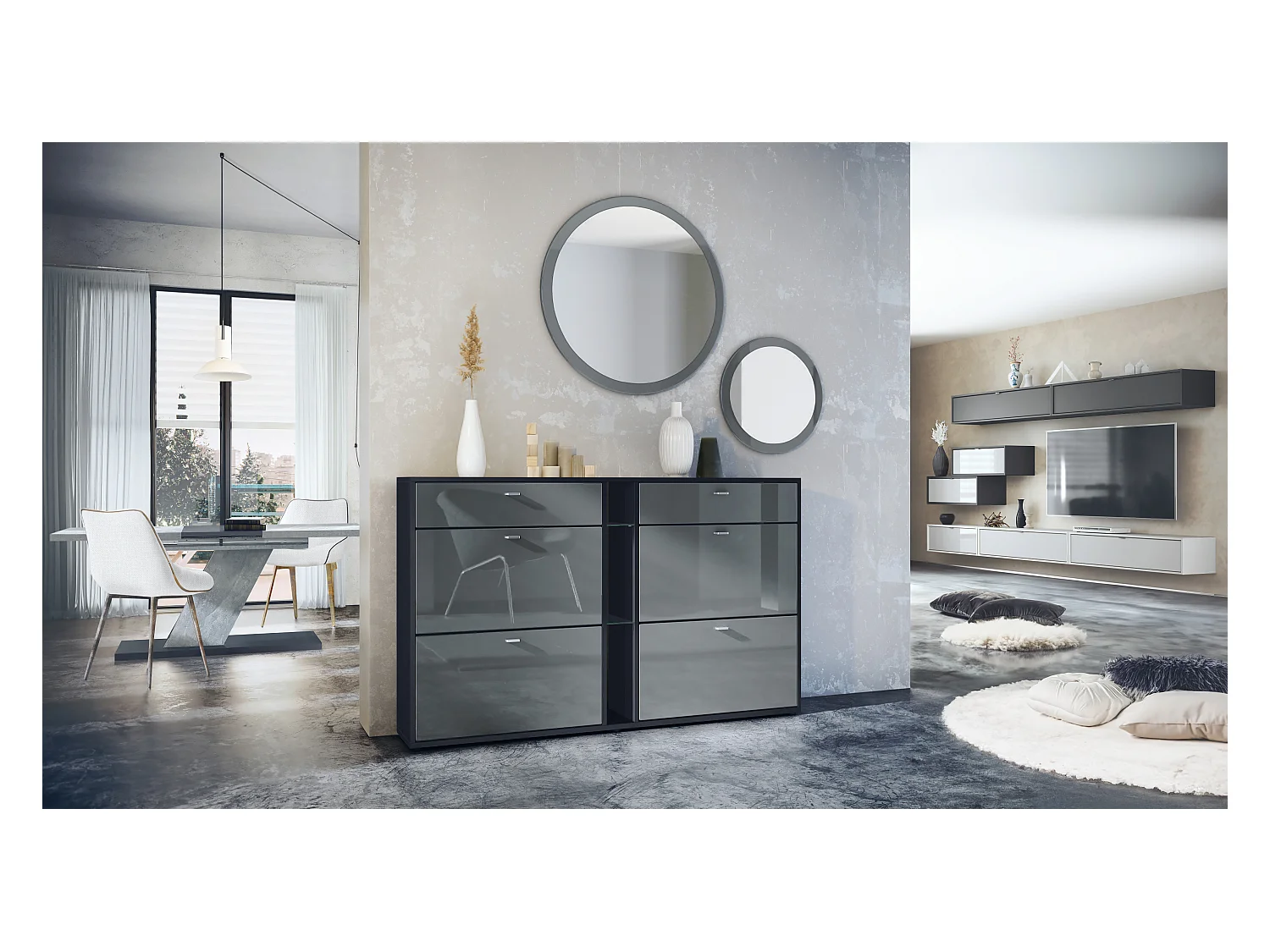 Conjunto de guardarropa Florence con zapatero y 2 espejos de pared, Hecho en ALEMANIA, negro mate/gris de alto brillo