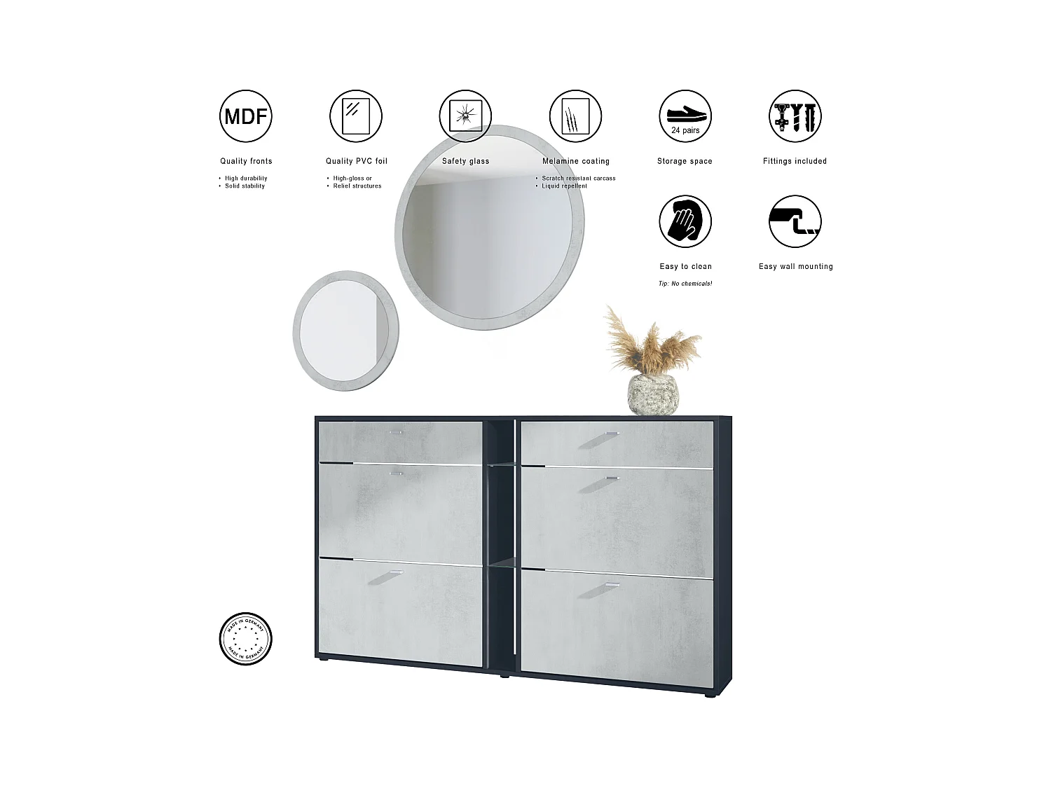 Conjunto de guardarropa Florence con zapatero y 2 espejos de pared, Hecho en ALEMANIA, negro mate/gris de alto brillo