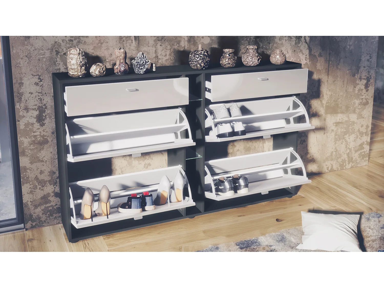 Ensemble de vestiaire Florence avec armoire à chaussures et 2 miroirs muraux, Fabriqué en ALLEMAGNE, noir mat/gris haute brillance