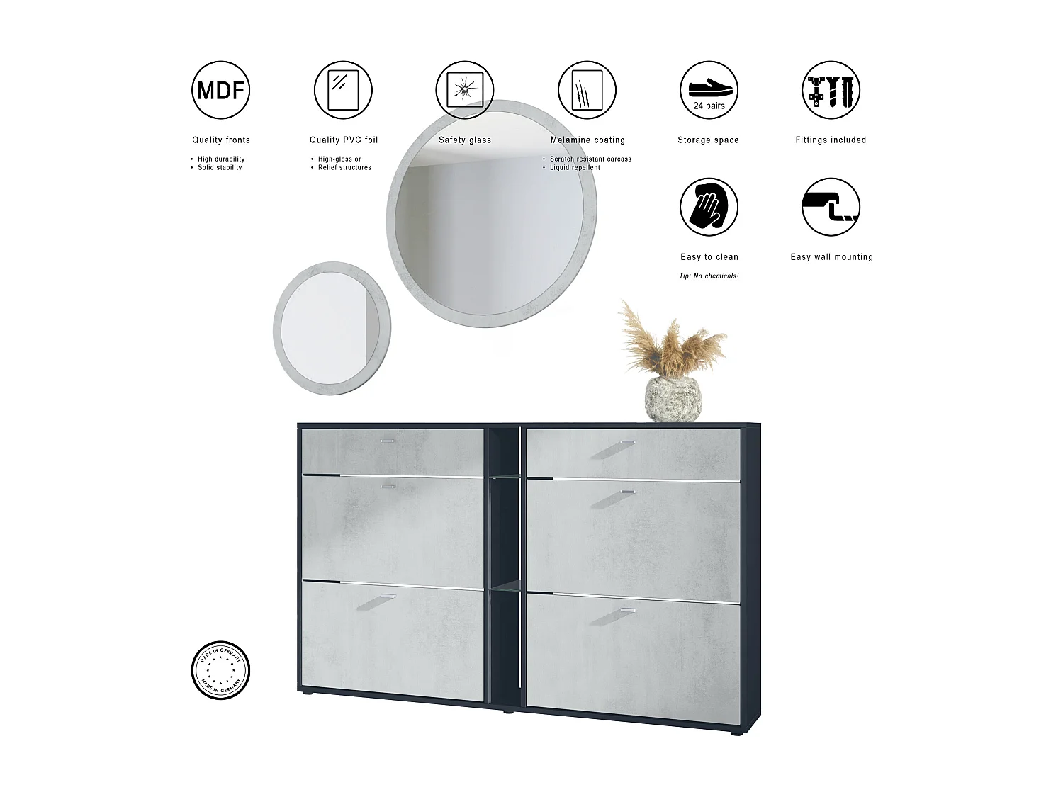 Ensemble de vestiaire Florence avec armoire à chaussures et 2 miroirs muraux, Fabriqué en ALLEMAGNE, noir mat/gris haute brillance