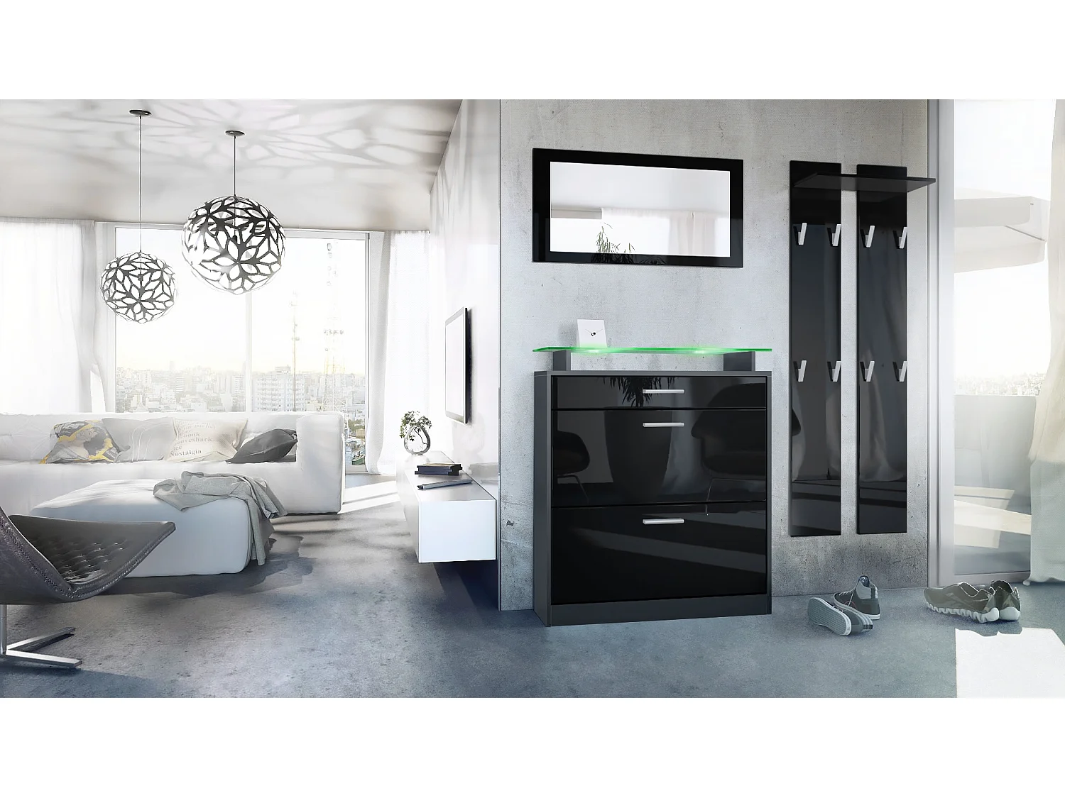 Loret Ensemble penderie, meuble à chaussures 89x104x23 cm avec miroir, 2 panneaux murales et éclairage LED, Anthracite mat & Noir brillant