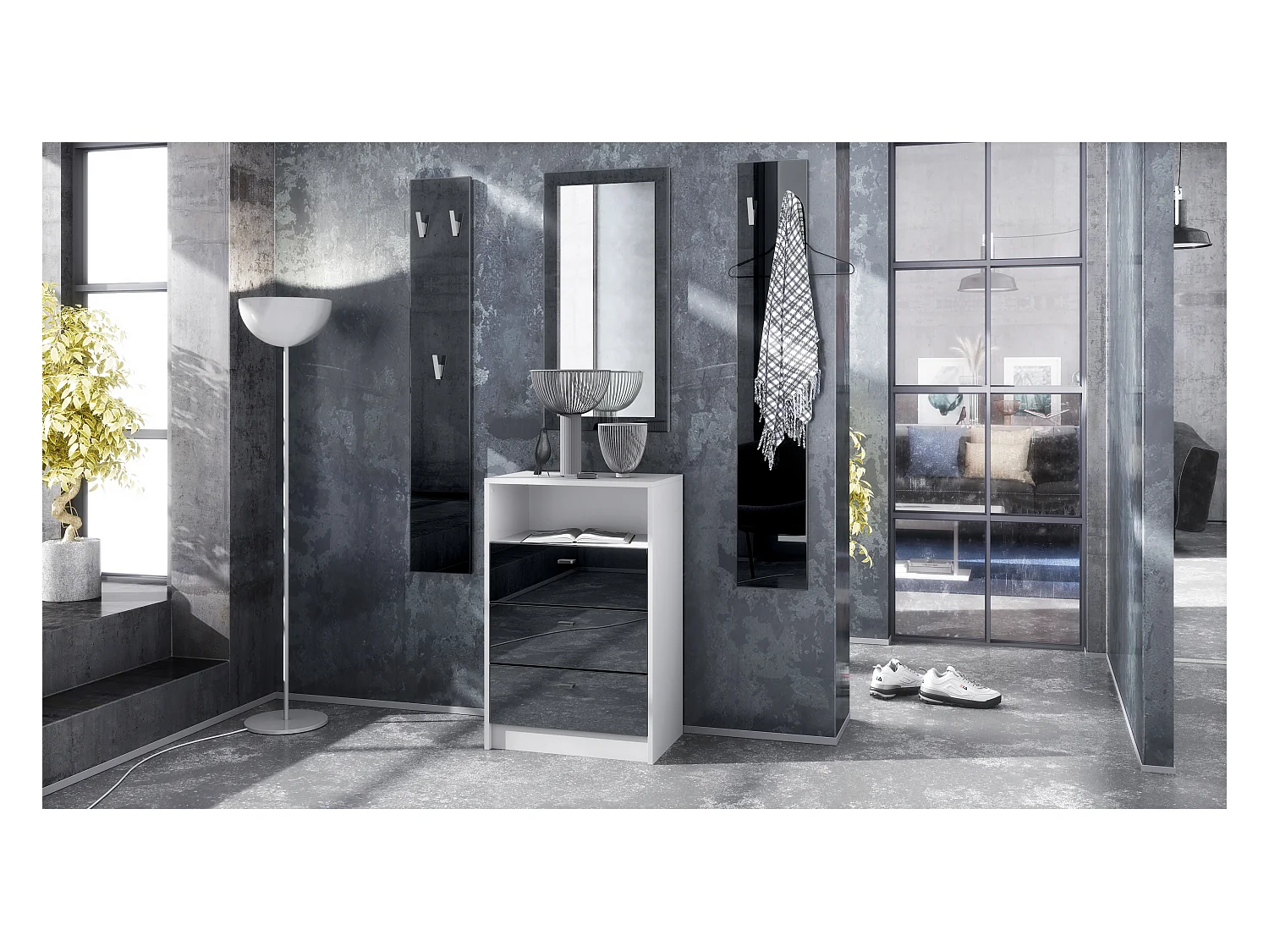 Ensemble de vestiaires Pino V2, 2 Panneaux muraux 140 cm et buffet avec 2 tiroirs & 1 compartiment ouvert, blanc mat/noir haute brillance (56 x 67,5 x 36 cm)