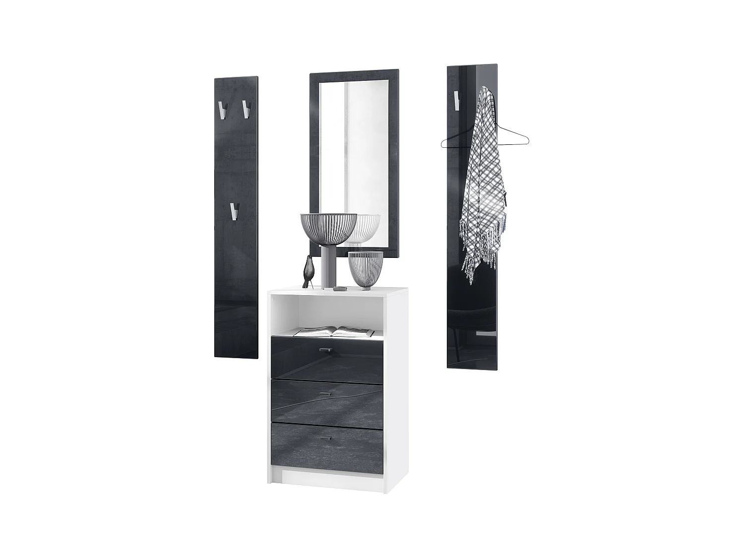 Ensemble de vestiaires Pino V2, 2 Panneaux muraux 140 cm et buffet avec 2 tiroirs & 1 compartiment ouvert, blanc mat/noir haute brillance (56 x 67,5 x 36 cm)