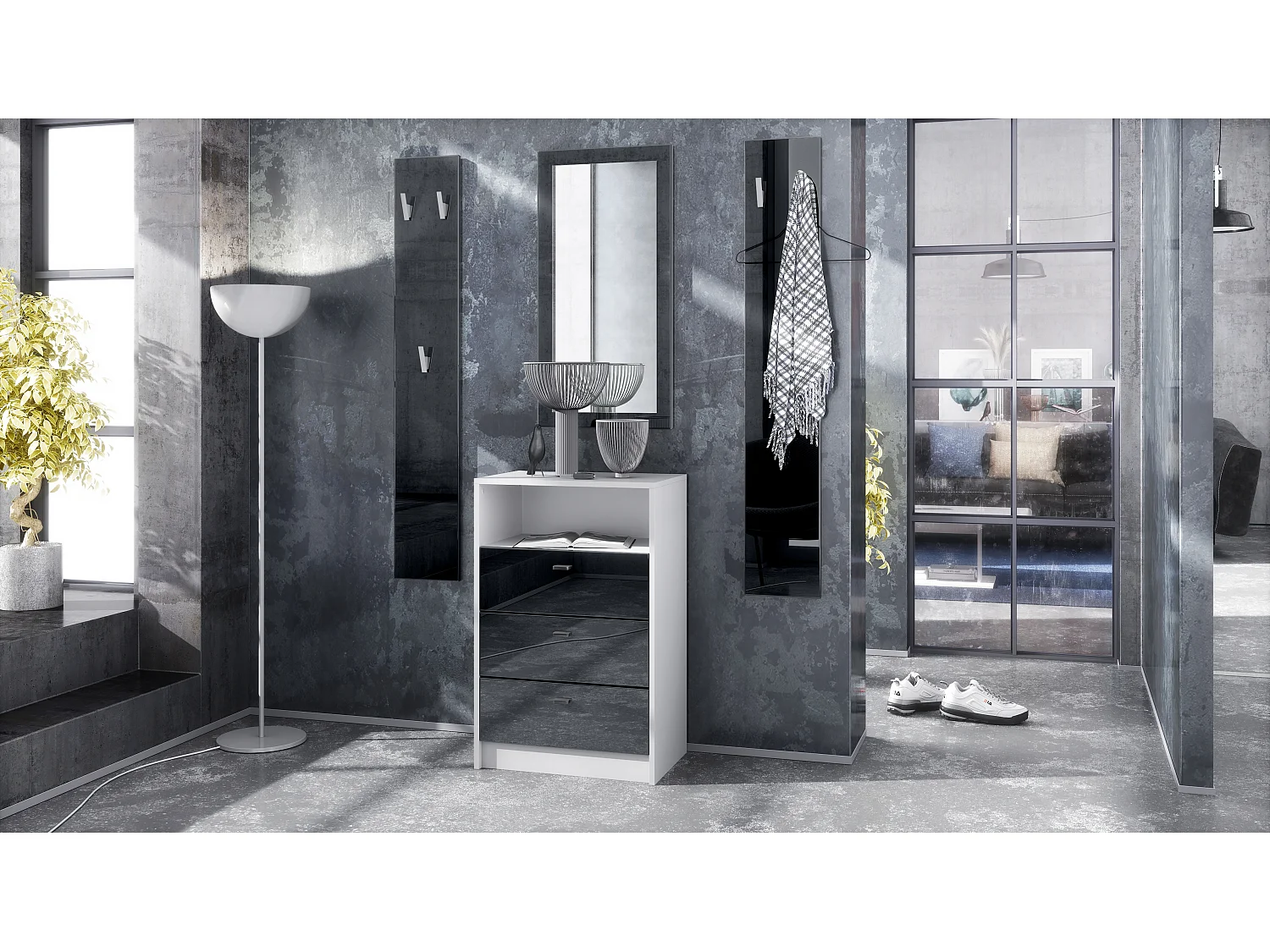 Ensemble de vestiaires Pino V2, 2 Panneaux muraux 140 cm et buffet avec 2 tiroirs & 1 compartiment ouvert, blanc mat/noir haute brillance (56 x 67,5 x 36 cm)