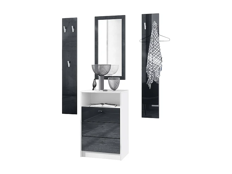 Ensemble de vestiaires Pino V2, 2 Panneaux muraux 140 cm et buffet avec 2 tiroirs & 1 compartiment ouvert, blanc mat/noir haute brillance (56 x 67,5 x 36 cm)