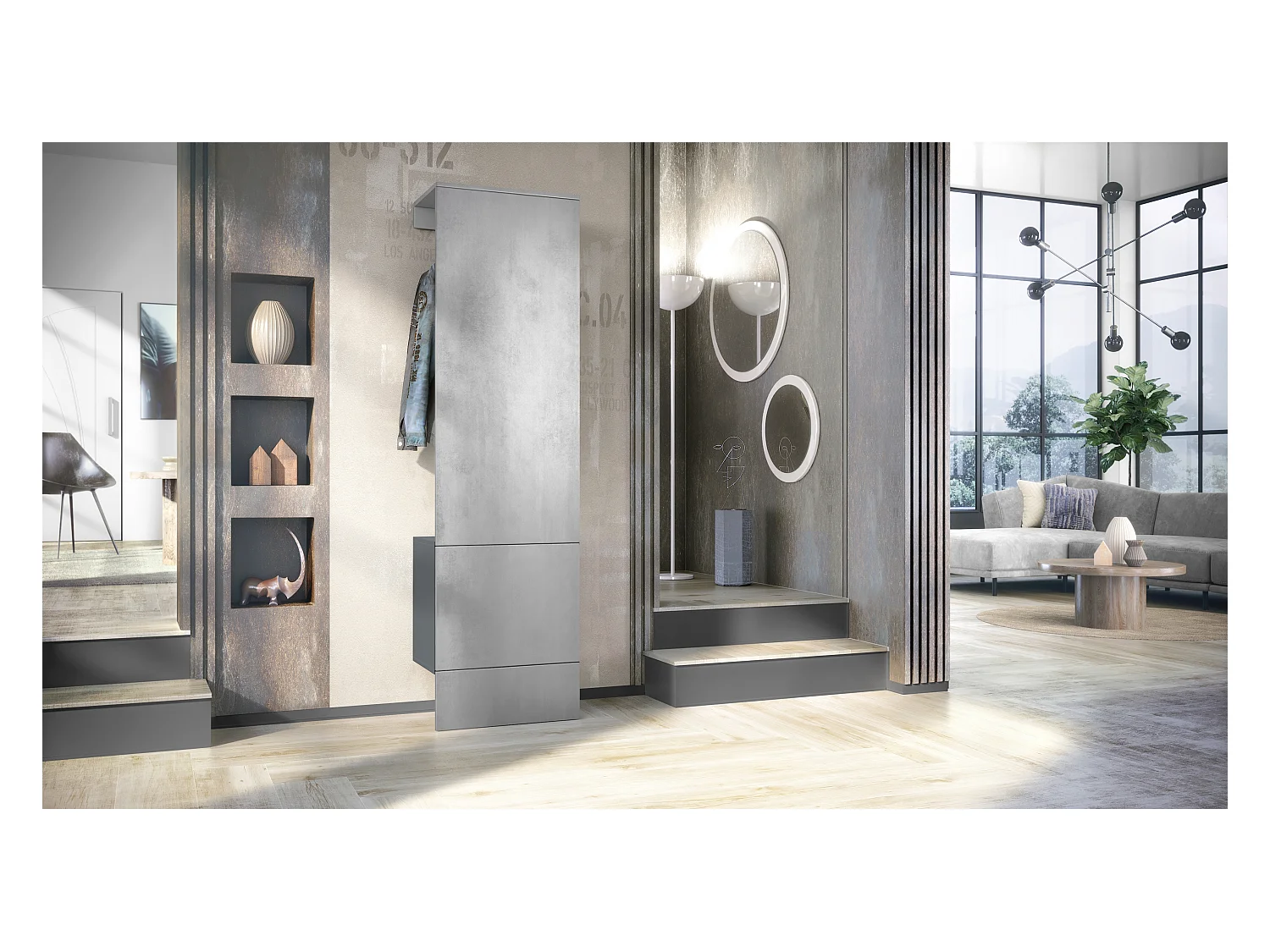 Ensemble d'entrée Hollywood, comprenant 1 panneau de vestiaire mural, 1 tringle à vêtements et 1 ensemble de panneaux muraux, anthracite mat/aspect béton oxyde