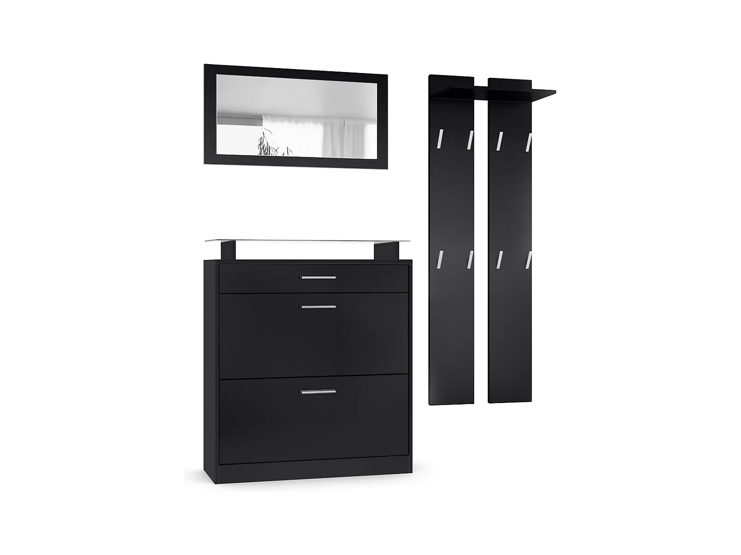 Penderie Loret Mini, Meuble d’entrée comprenant 1 commode à chaussures, 1 miroir mural et 2 panneaux porte-manteaux, Noir mat/Noir mat