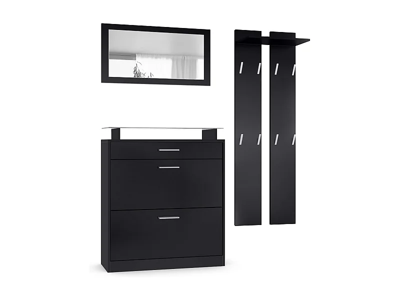 Penderie Loret Mini, Meuble d’entrée comprenant 1 commode à chaussures, 1 miroir mural et 2 panneaux porte-manteaux, Noir mat/Noir mat
