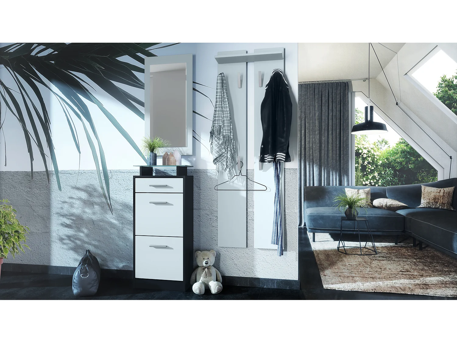 Conjunto de armario Loret V2 Mini, Carcasa en negro mate / Frente en blanco mate