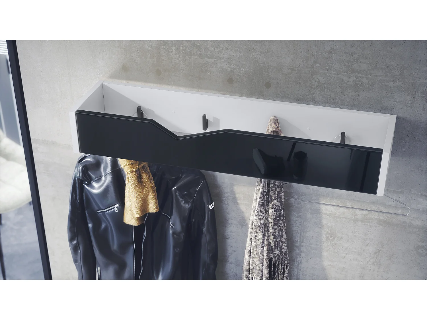 Porte-manteau crochets muraux panneau de penderie Kolmio, corps blanc mat, façade noir haute brillance 83,5 x 12,5 x 21 cm