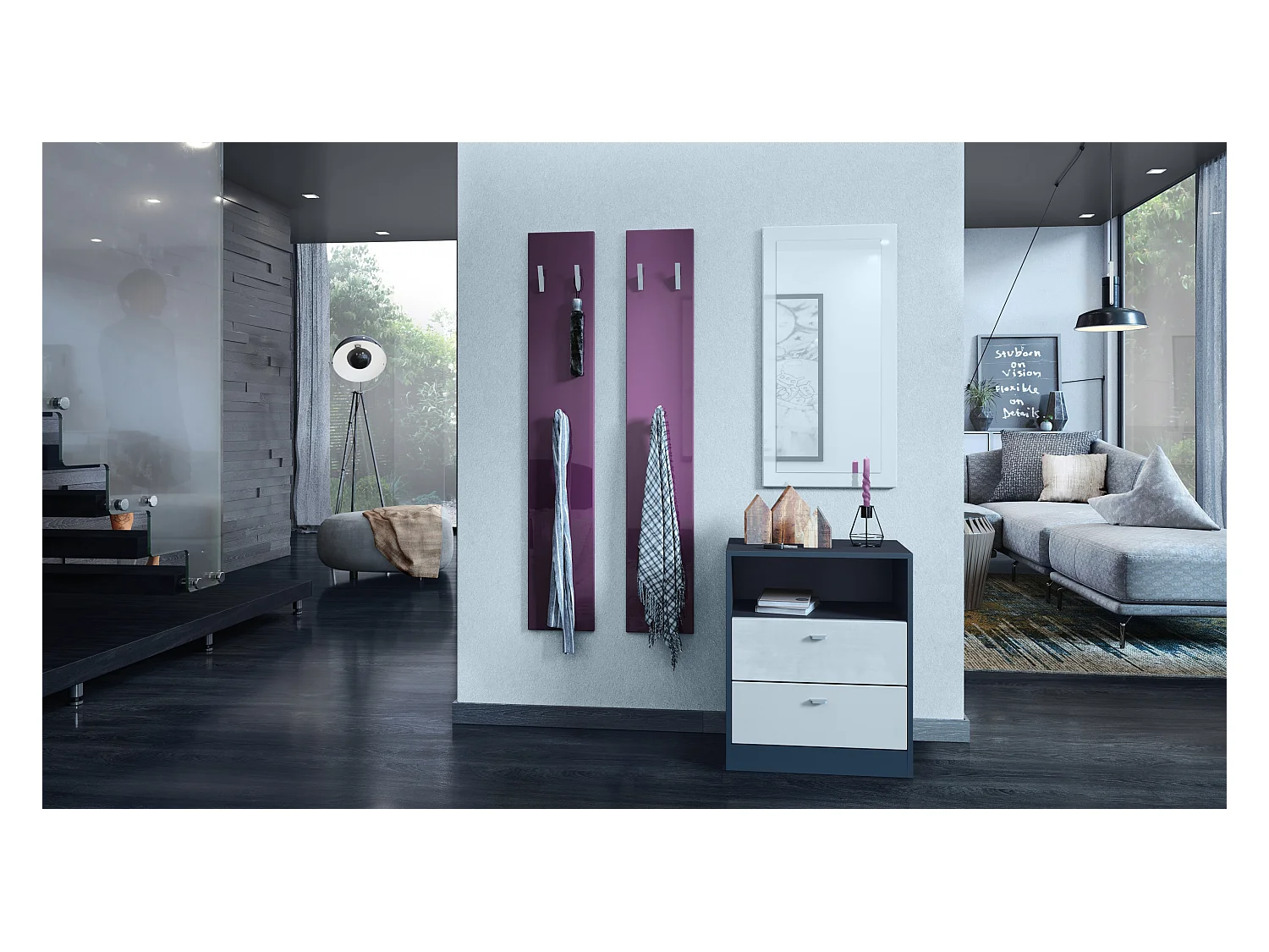 Panel de Pared 140, Hecho en Alemania, Panel Perchero con 2 Paneles, zarzamora de alto brillo (je 24 x 140 x 2 cm)