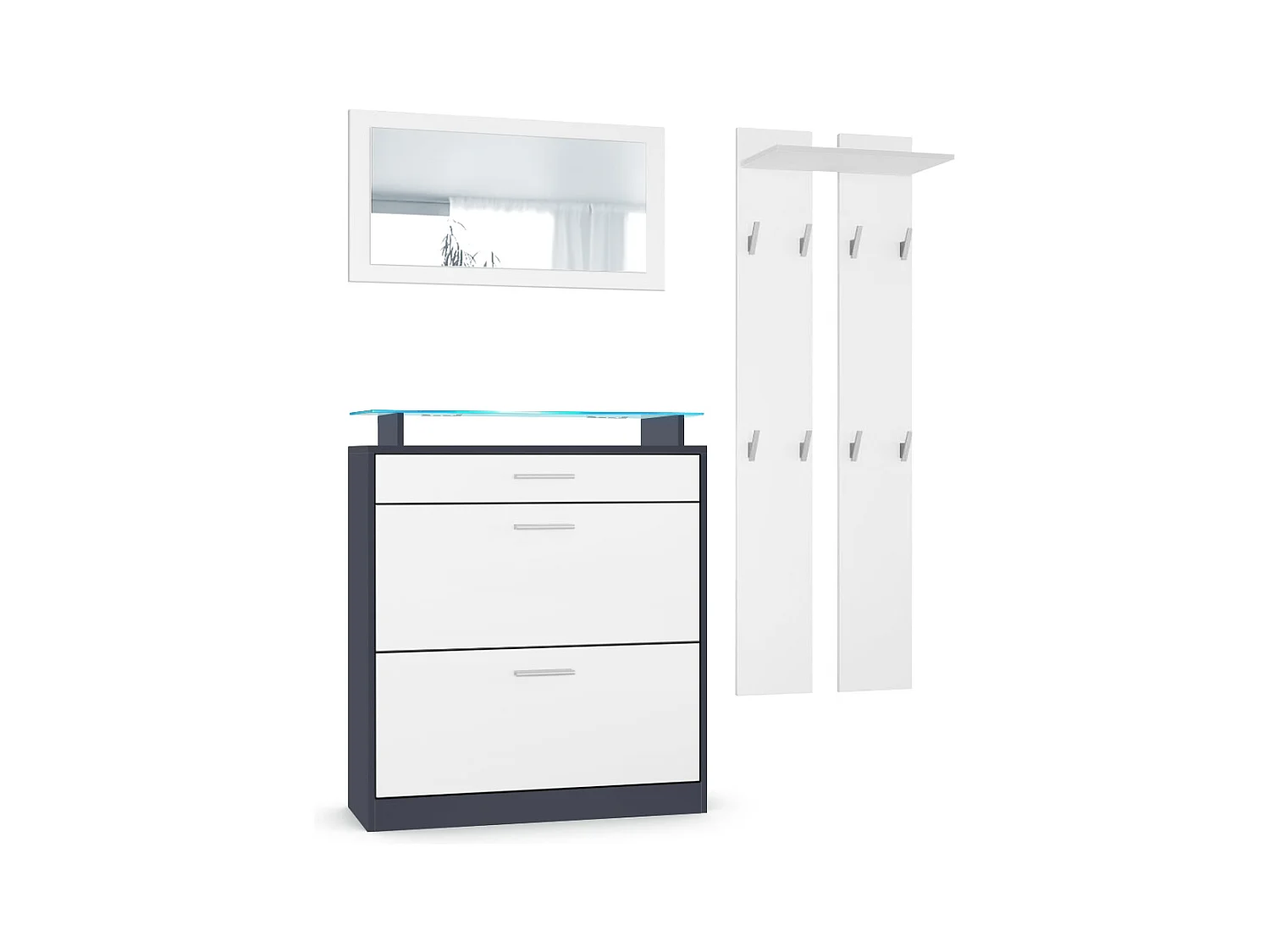 Loret Ensemble penderie, meuble à chaussures 89 x 104 x 23 cm avec miroir, 2 panneaux murales et éclairage LED Bleu, Anthracite mat & Blanc mat