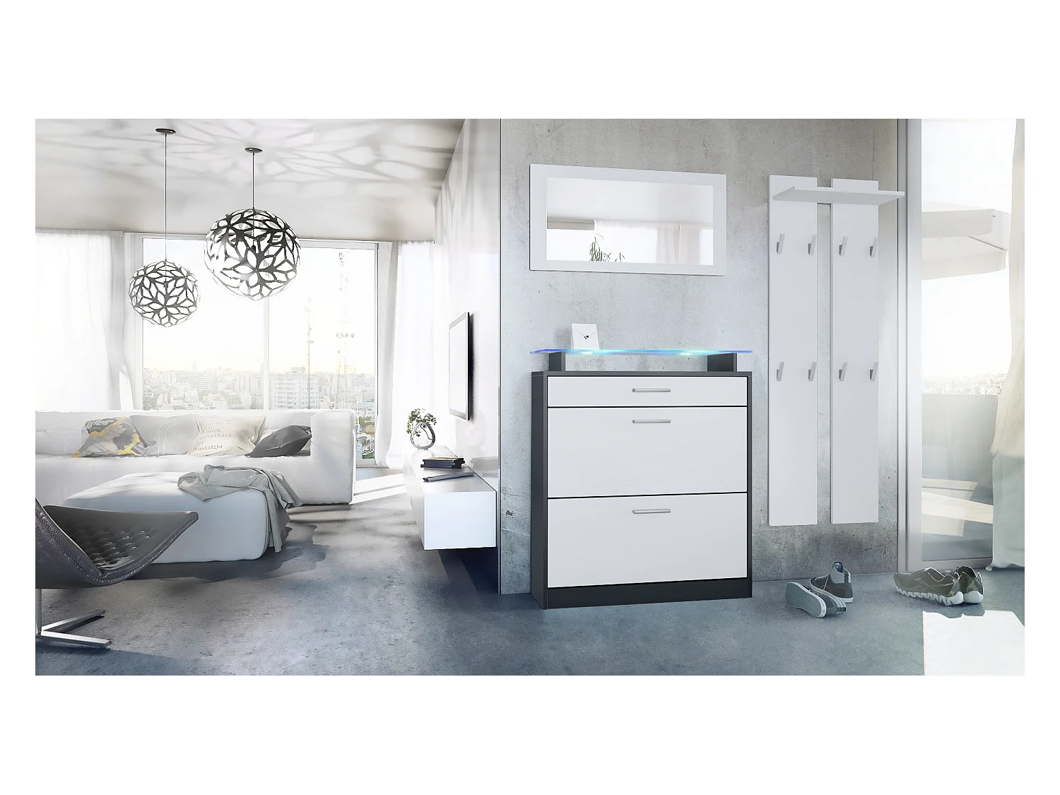 Loret Ensemble penderie, meuble à chaussures 89 x 104 x 23 cm avec miroir, 2 panneaux murales et éclairage LED Bleu, Anthracite mat & Blanc mat