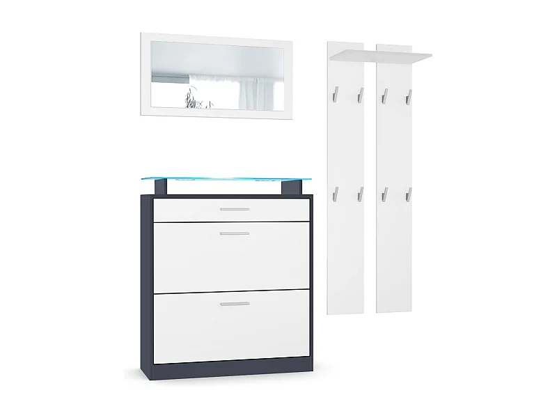 Vladon Conjunto de guardarropa Loret Mini, zapatero 89 x 101 x 23 cm, incluido espejo, 2 paneles de pared, e iluminación LED en azul, antracita mate y Blanco mate