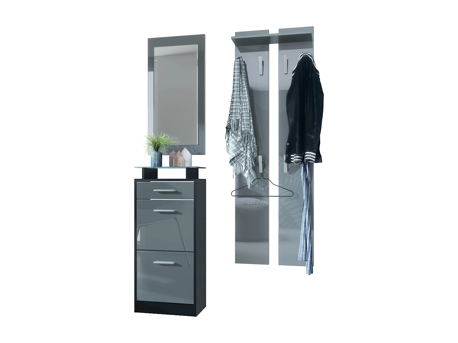 Ensemble de meubles d'entrée Loret V2 Mini, Corps en Noir mat / Façades en Gris haute brillance