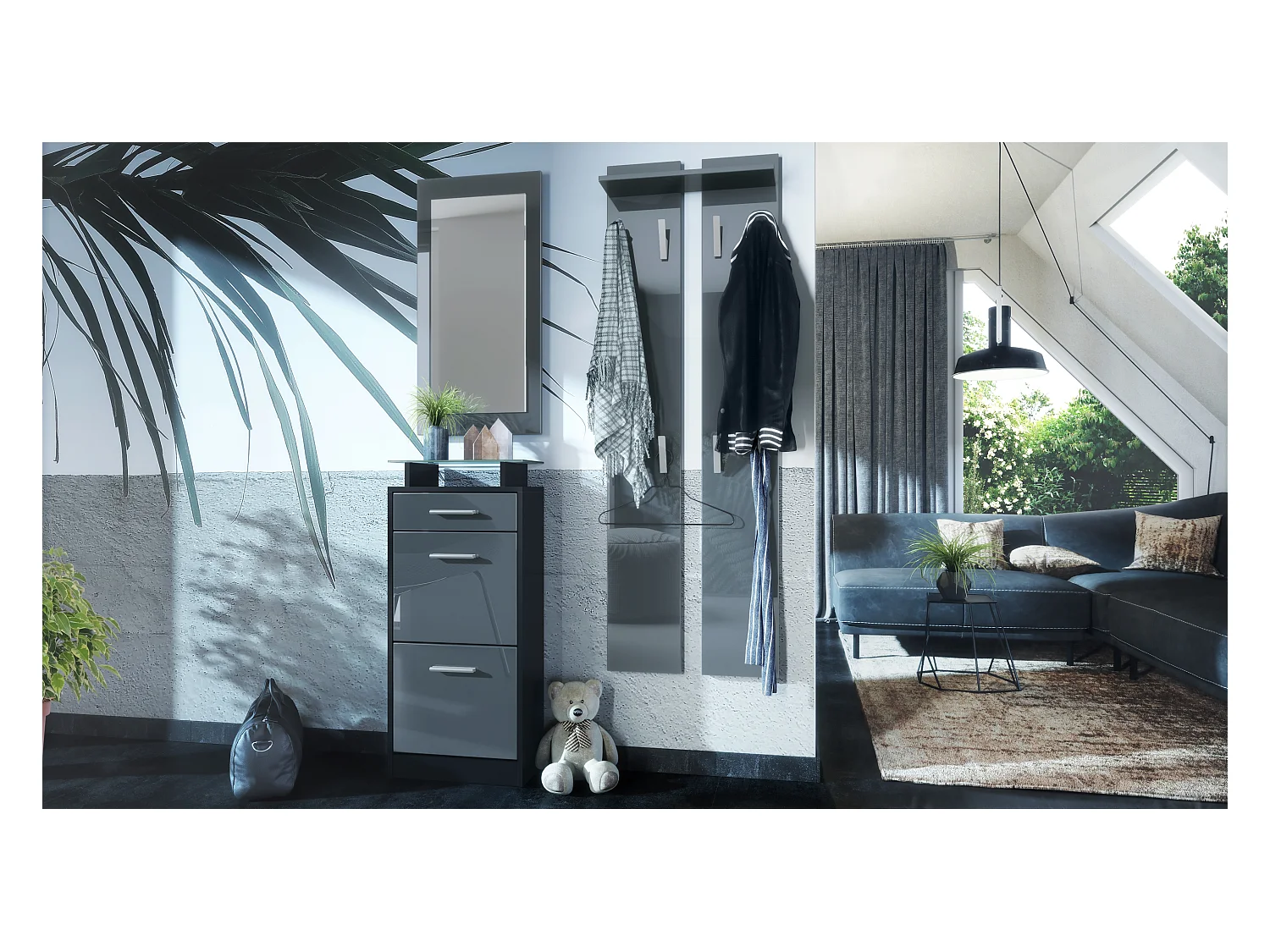 Ensemble de meubles d'entrée Loret V2 Mini, Corps en Noir mat / Façades en Gris haute brillance