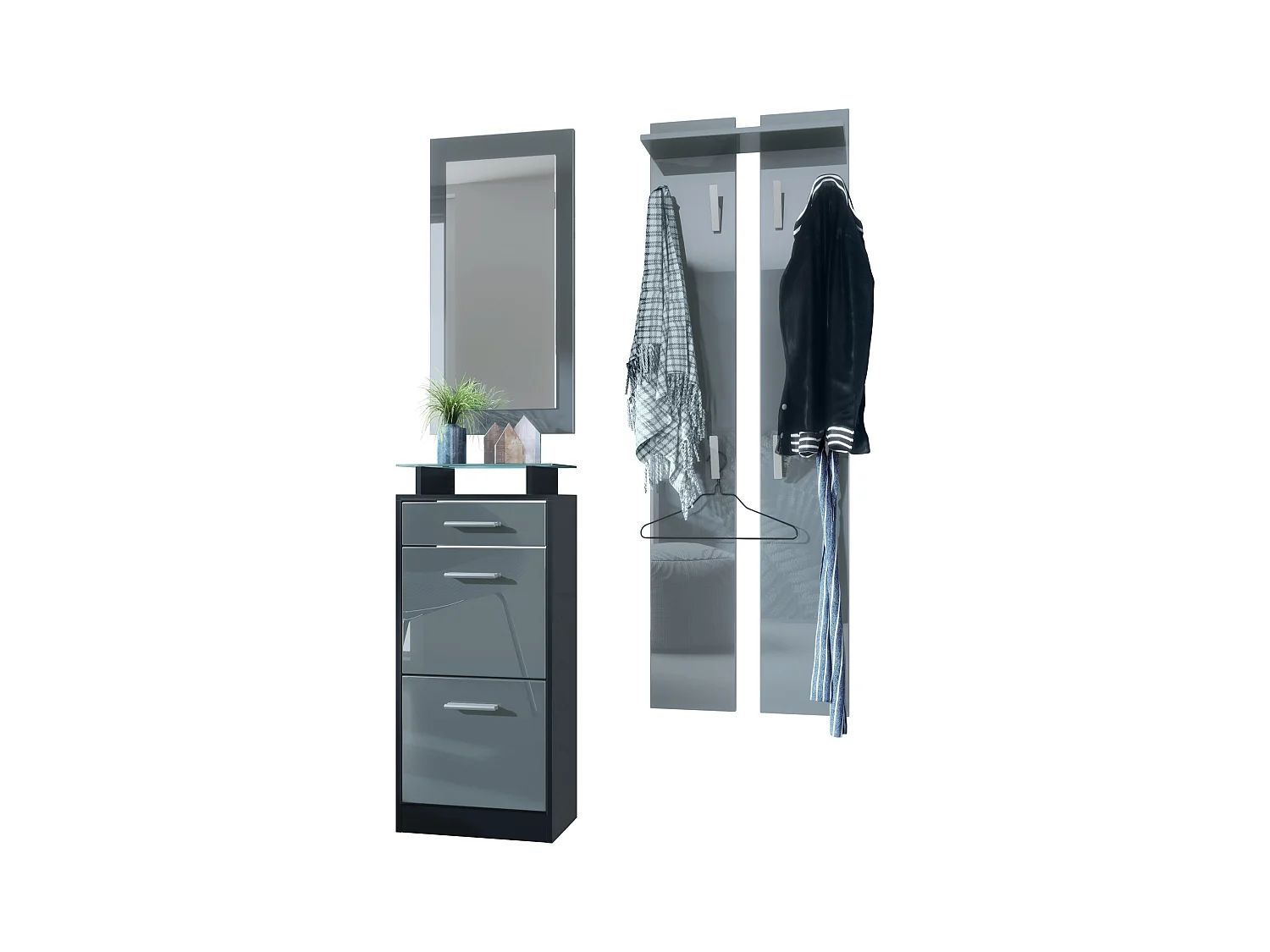 Ensemble de meubles d'entrée Loret V2 Mini, Corps en Noir mat / Façades en Gris haute brillance