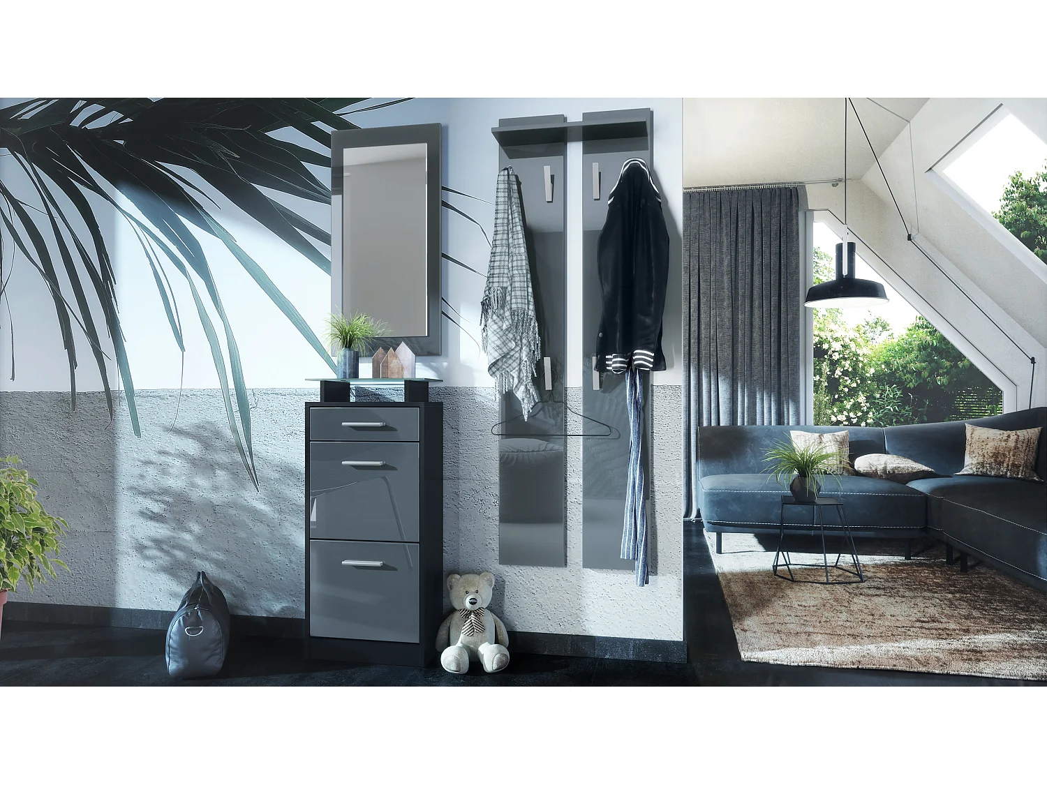 Ensemble de meubles d'entrée Loret V2 Mini, Corps en Noir mat / Façades en Gris haute brillance