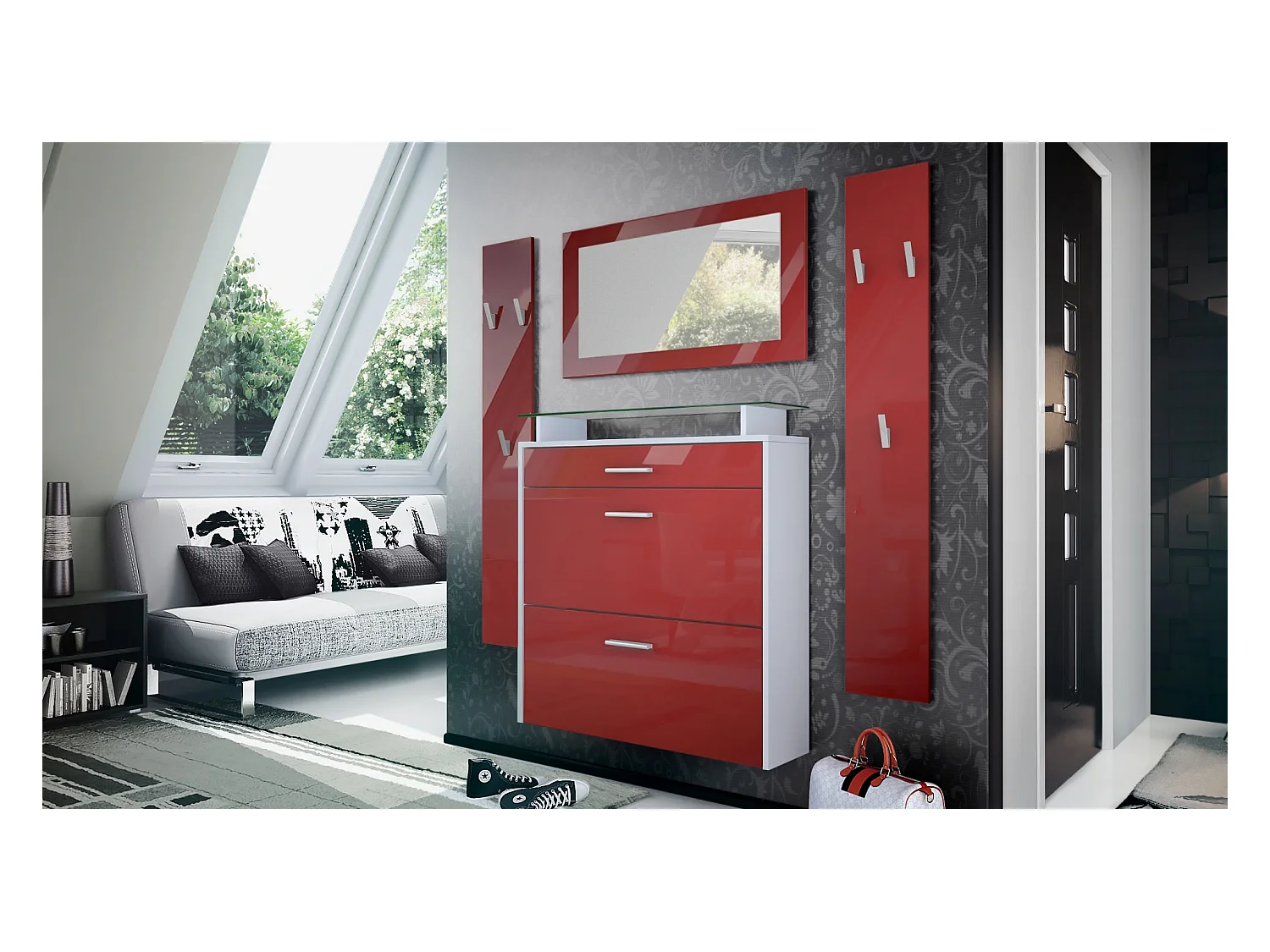 Penderie Malea, Meuble d’entrée comprenant 1 commode à chaussures murale, 1 miroir mural et 2 panneaux porte-manteaux, Blanc mat/Bordeaux haute brillance