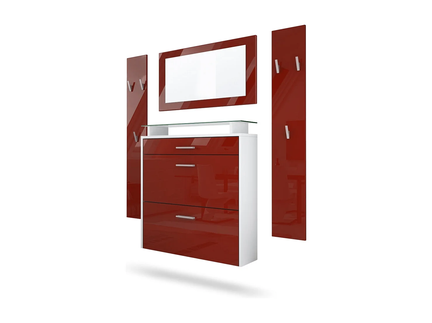 Penderie Malea, Meuble d’entrée comprenant 1 commode à chaussures murale, 1 miroir mural et 2 panneaux porte-manteaux, Blanc mat/Bordeaux haute brillance