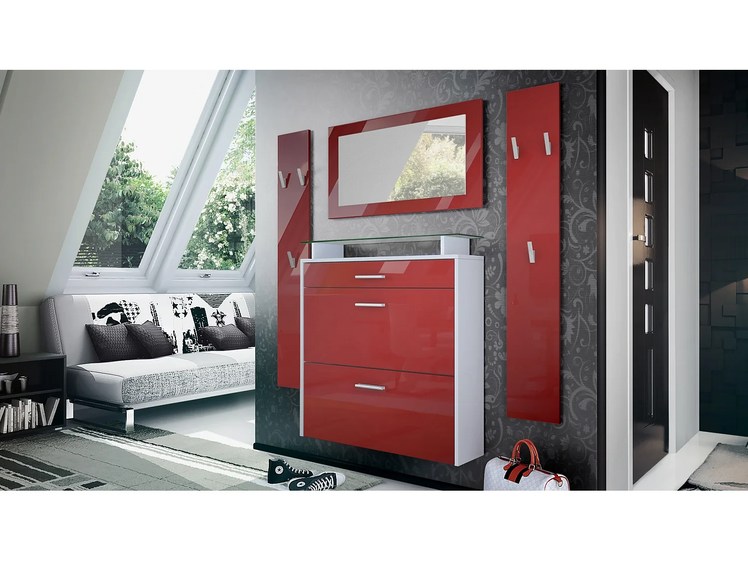 Penderie Malea, Meuble d’entrée comprenant 1 commode à chaussures murale, 1 miroir mural et 2 panneaux porte-manteaux, Blanc mat/Bordeaux haute brillance