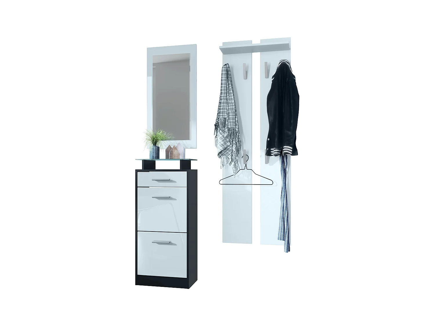 Ensemble de meubles d'entrée Loret V2 Mini, Corps en Noir mat / Façades en Blanc haute brillance