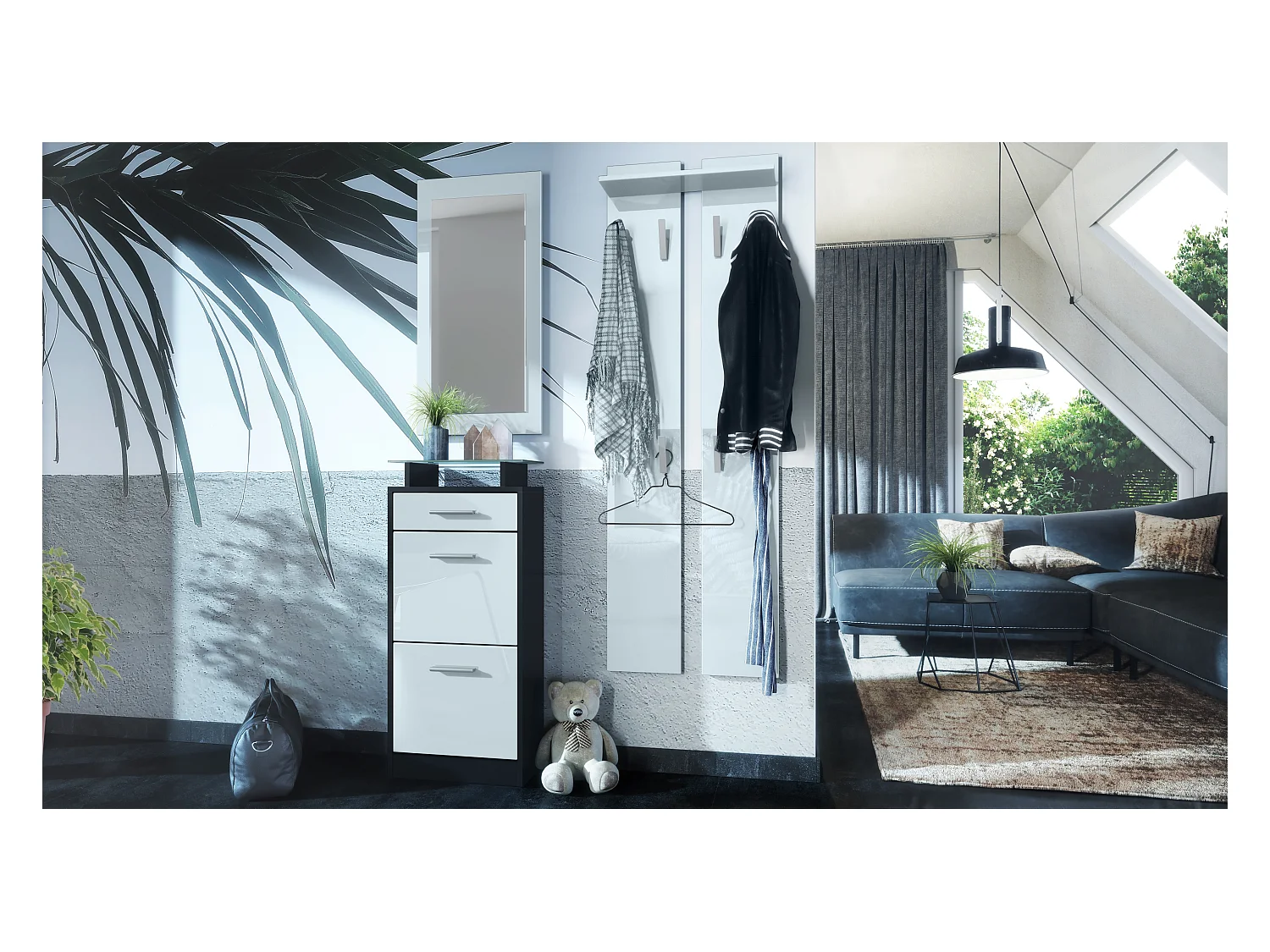 Ensemble de meubles d'entrée Loret V2 Mini, Corps en Noir mat / Façades en Blanc haute brillance