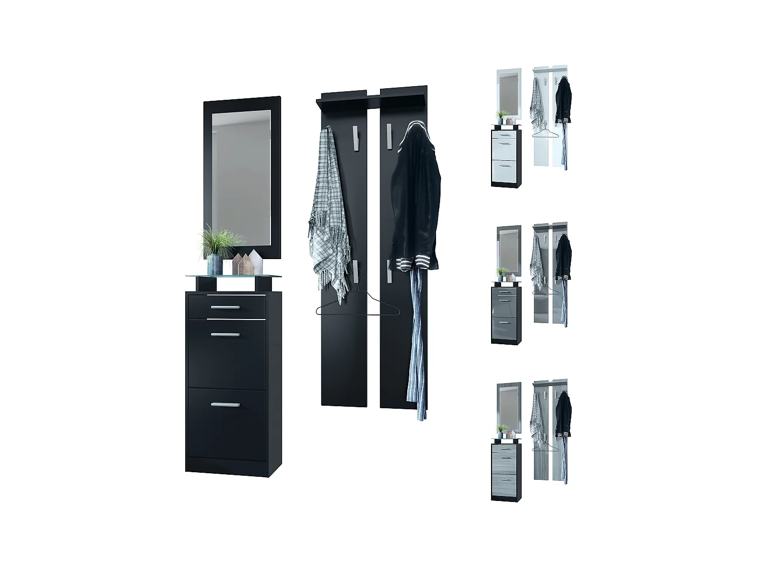 Ensemble de meubles d'entrée Loret V2 Mini, Corps en Noir mat / Façades en Blanc haute brillance