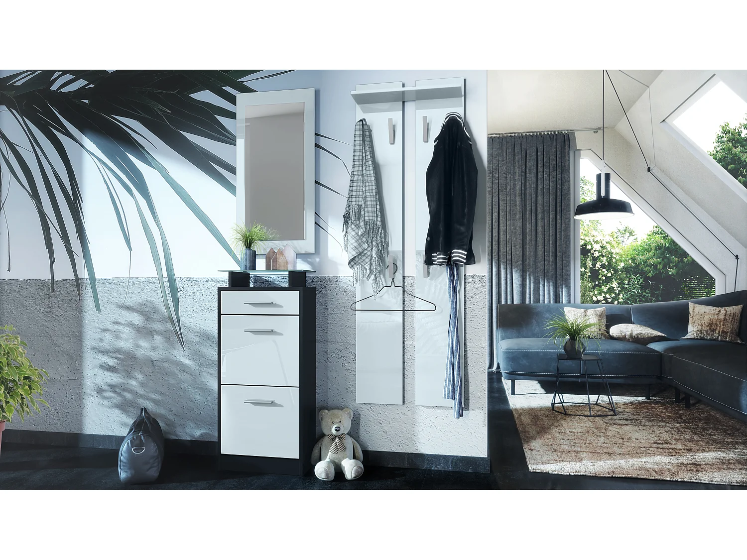 Ensemble de meubles d'entrée Loret V2 Mini, Corps en Noir mat / Façades en Blanc haute brillance