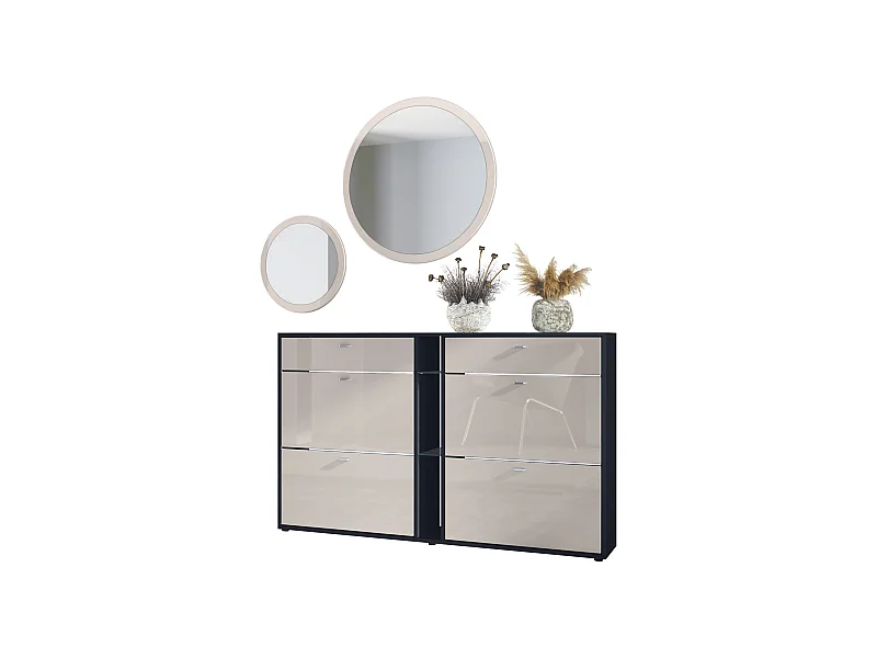 Ensemble de vestiaire Florence avec armoire à chaussures et 2 miroirs muraux, Fabriqué en ALLEMAGNE, noir mat/gris sable haute brillance