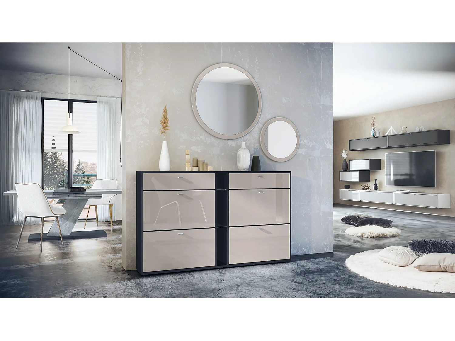 Ensemble de vestiaire Florence avec armoire à chaussures et 2 miroirs muraux, Fabriqué en ALLEMAGNE, noir mat/gris sable haute brillance