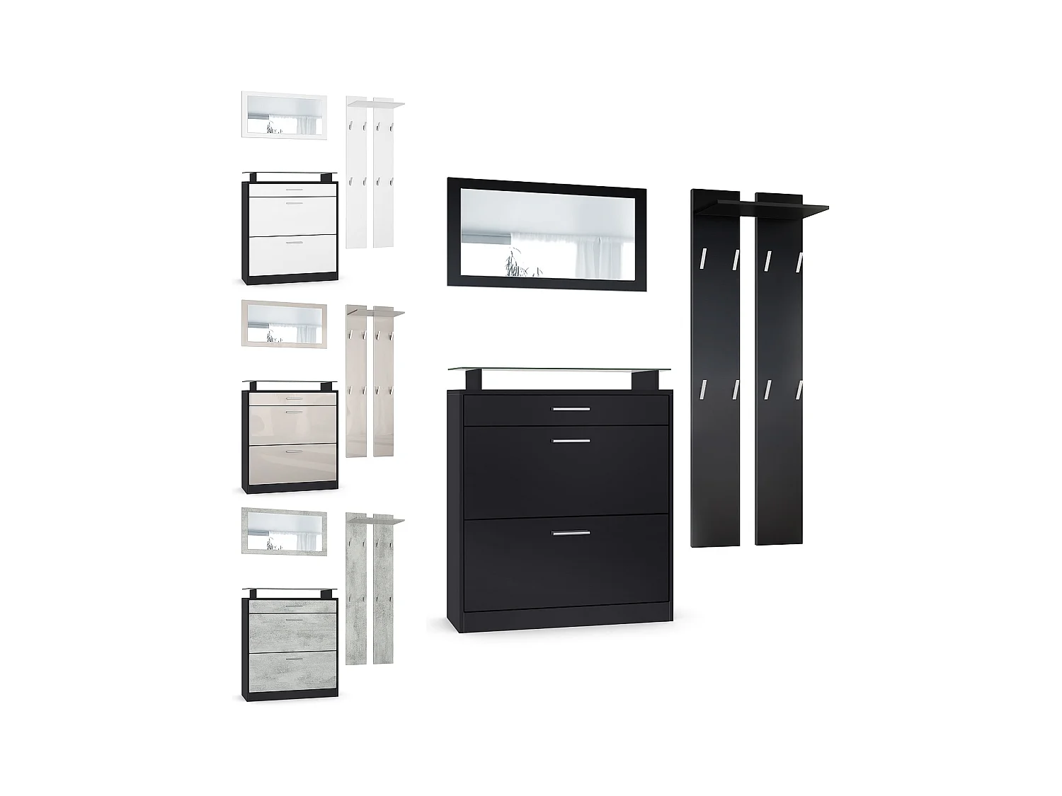 Penderie Loret Mini, Meuble d’entrée comprenant 1 commode à chaussures, 1 miroir mural et 2 panneaux porte-manteaux, Noir mat/Bordeaux haute brillance