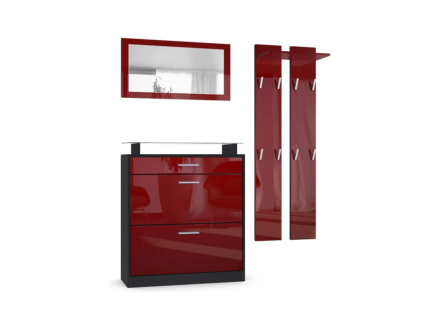 Penderie Loret Mini, Meuble d’entrée comprenant 1 commode à chaussures, 1 miroir mural et 2 panneaux porte-manteaux, Noir mat/Bordeaux haute brillance
