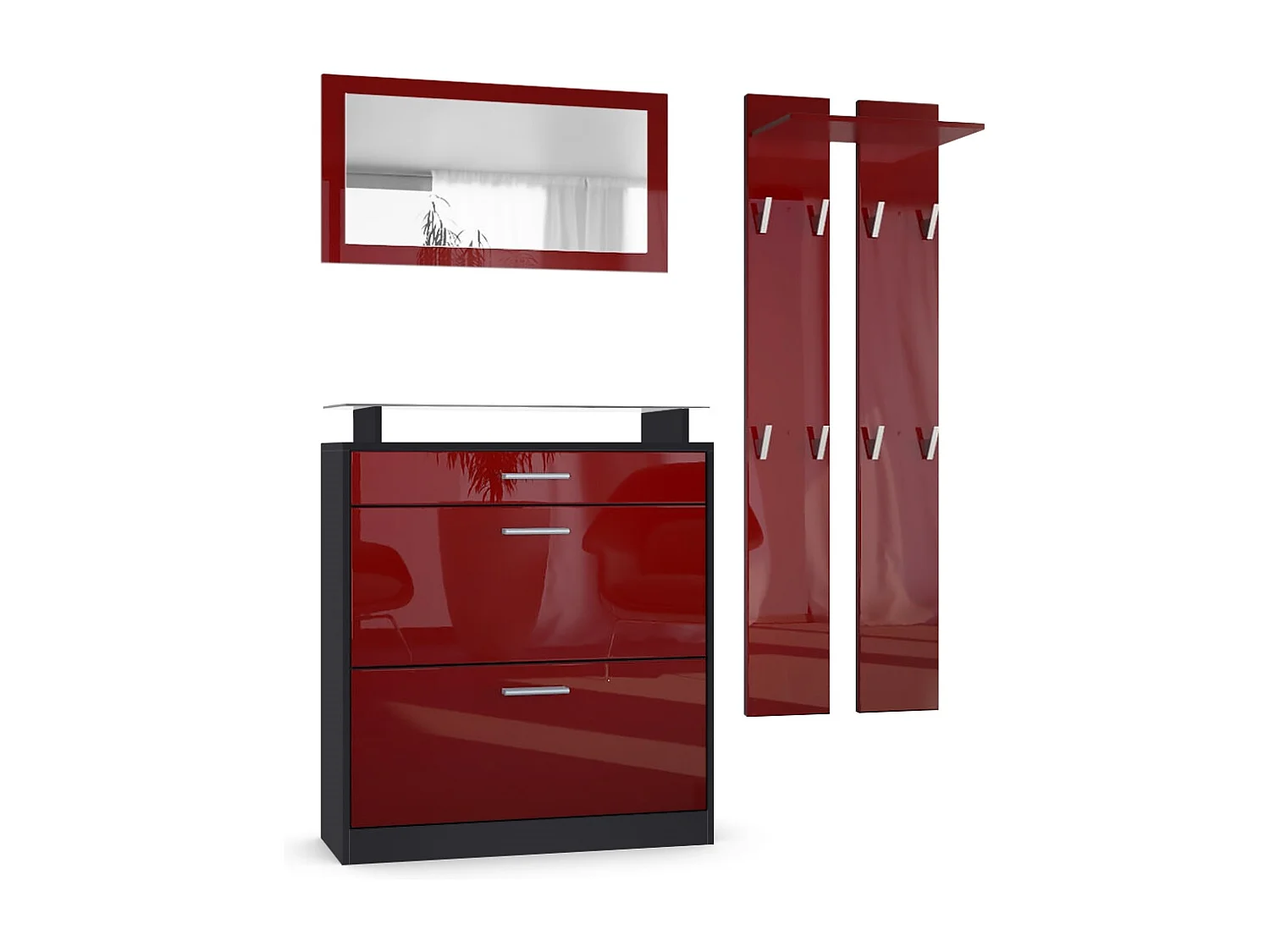 Penderie Loret Mini, Meuble d’entrée comprenant 1 commode à chaussures, 1 miroir mural et 2 panneaux porte-manteaux, Noir mat/Bordeaux haute brillance