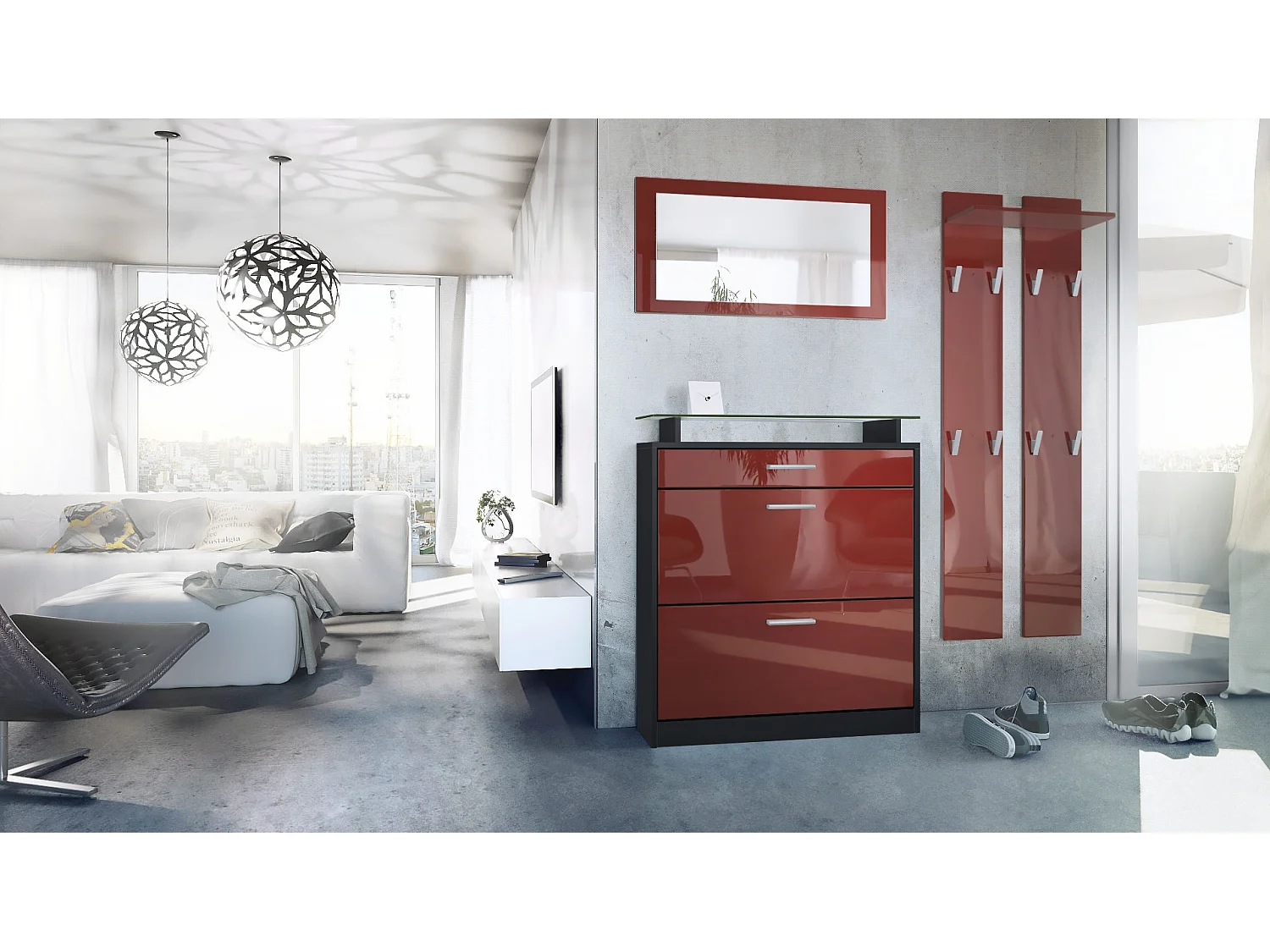 Penderie Loret Mini, Meuble d’entrée comprenant 1 commode à chaussures, 1 miroir mural et 2 panneaux porte-manteaux, Noir mat/Bordeaux haute brillance